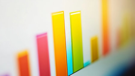 A close-up of a financial bar chart on a computer screen, displaying rising and falling data points, with a focus on vibrant, colorful bars against a white background.の素材