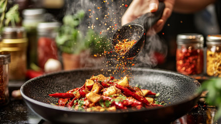 A delicious dish being garnished with sliced chili peppers and a sprinkle of chili flakes, with various seasoning jars and fresh chilies in the background.の素材