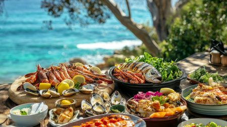 A beautiful coastal setting with a seafood feast laid out on a table with a view of the ocean, including grilled fish, shellfish, and salads.の素材