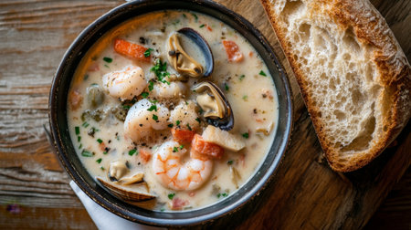 A delicious bowl of seafood chowder with chunks of fish, shrimp, and clams, served with a slice of crusty bread on the side.の素材
