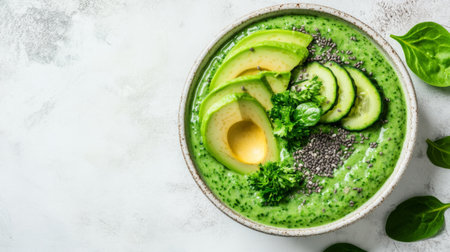 A green smoothie bowl topped with slices of avocado, spinach, and fresh herbs, set on a white table with a minimalistic background.の素材