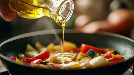 A close-up of a hand pouring olive oil into a pan filled with vegetables, with the oil glistening as it hits the hot surface, ready for cooking.の素材