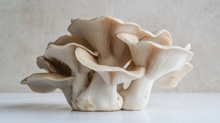 A handful of King oyster mushrooms arranged artistically on a white surface, creating a simple yet elegant composition.の素材