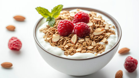 A healthy breakfast bowl featuring almond granola with yogurt and fresh fruit, garnished with whole almonds and set against a clean, white background.の素材