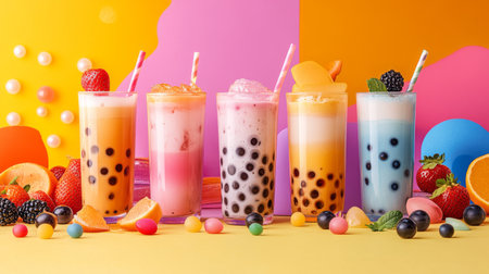 A group of different flavored bubble teas with various colored pearls, arranged on a table with bright, playful backgrounds.の素材