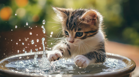A cute kitten splashing in a shallow bowl of water, playfully pawing at the ripples, with water droplets glistening on its fur.の素材