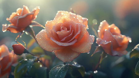 A garden scene with multiple roses covered in dew drops, capturing the freshness and beauty of early morning flowers.の素材