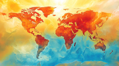 A graphic representation of a world map with temperature anomalies and heatwaves highlighted, showcasing the global impact of rising temperatures.の素材