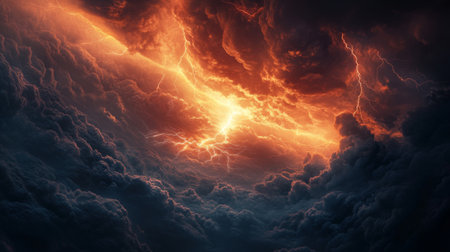 A dramatic sky filled with dark, swirling storm clouds and lightning bolts flashing across the horizon, creating a powerful and intense scene.の素材