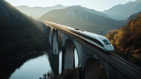 A high-speed train crossing a dramatic bridge over a river or valley, capturing its elegance and speed in a dynamic setting.の素材