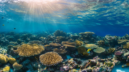 A pristine coral reef with a healthy ecosystem, featuring colorful corals and diverse fish species in a clear, sunlit underwater setting.の素材