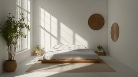 A serene bedroom with a low-profile bed, white walls, and minimal decor, emphasizing the uncluttered and spacious feel of minimalist livingの素材