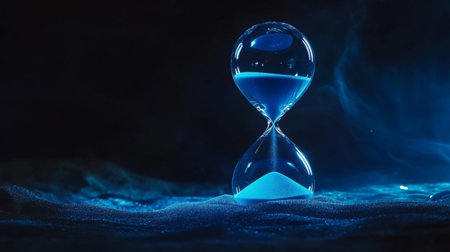 A sand timer with vibrant blue sand against a dark background, captured in motion as the sand flows smoothly through the narrow center.の素材