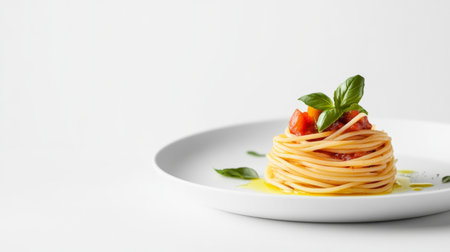 A minimalist presentation of spaghetti al pomodoro, topped with fresh basil and drizzled with olive oil, placed on a white plate with a plain backgroundの素材