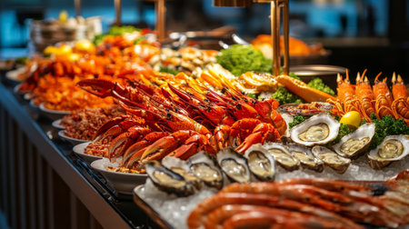 A luxurious seafood buffet with an array of dishes including lobster, crab, shrimp, and oysters, arranged elegantly on a long table.の素材