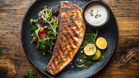 A mouth-watering fish steak with a crispy crust, garnished with a fresh salad and a side of creamy sauce, displayed on a rustic wooden tableの素材