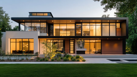 A modern home exterior with clean lines, large glass panels, and a simple color palette, reflecting the minimalist approach to architecture.の素材