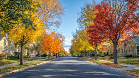 A picturesque, tree-lined street with colorful autumn foliage, leading towards charming, historic buildings and a clear blue sky.の素材