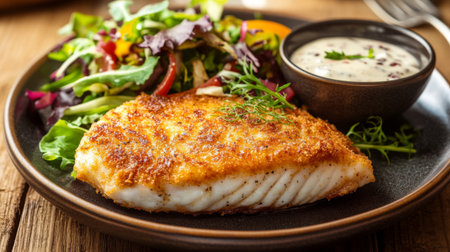 A mouth-watering fish steak with a crispy crust, garnished with a fresh salad and a side of creamy sauce, displayed on a rustic wooden tableの素材