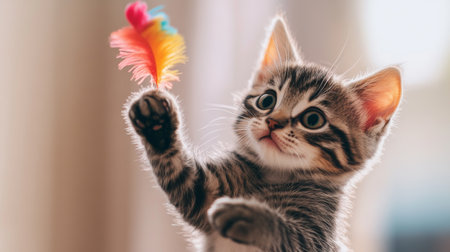 A playful kitten batting at a colorful feather toy, with its eyes wide and focused, set against a clean, light background.の素材