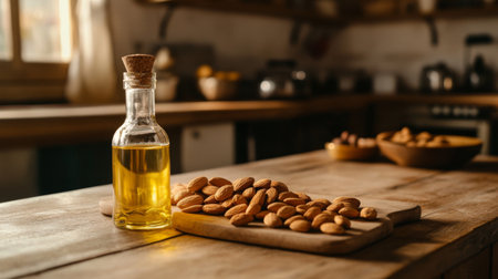 A rustic kitchen scene with almonds and almond oil displayed on a wooden countertop, showcasing the natural and wholesome qualities of the ingredients.の素材