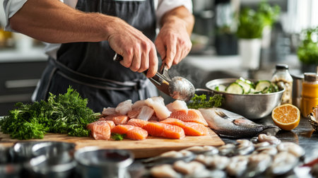 A chef preparing seafood in a modern kitchen, with fresh ingredients like fish, shellfish, and herbs on a cutting board and in the backgroundの素材