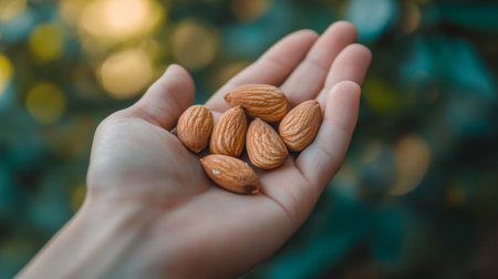 A close-up of a hand holding a few raw almonds, with a soft focus on the nuts and a blurred background to highlight their natural beauty.の素材