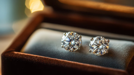 A close-up of elegant diamond stud earrings resting on a luxurious velvet jewelry box, showcasing their sparkling clarity and brilliance.の素材