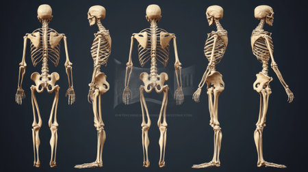 A medical illustration of the human skeletal system, highlighting the bones and joints in a detailed and educational manner.の素材