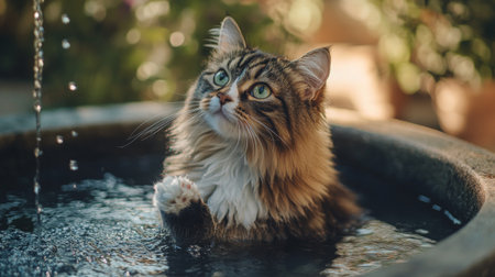 A fluffy cat sitting near a water fountain, dipping its paw into the flowing water while looking up with an adorably curious expression.の素材