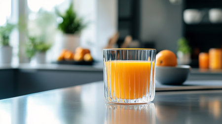 A modern glass tumbler with a geometric design, filled with a fresh juice and placed on a sleek, contemporary kitchen countertop.の素材