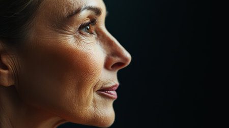 A side profile of a 50-year-old woman face, showcasing her smooth skin and graceful aging, with gentle lighting emphasizing her natural features.の素材