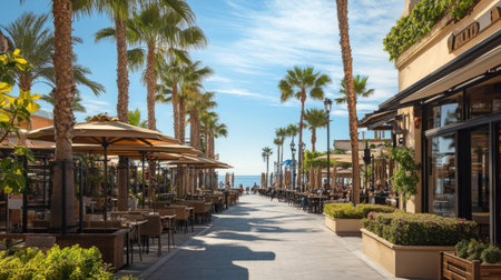 A scenic waterfront street with palm trees, stylish outdoor restaurants, and a view of the ocean, offering a relaxing and picturesque setting.の素材