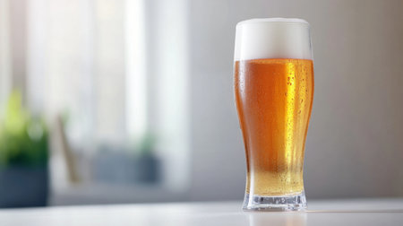 A refreshing beer served in a tall, clear pint glass with a crisp, cold appearance, positioned on a bright, clean white surface.の素材