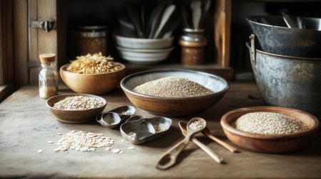 A rustic kitchen counter with bowls of different grains like oats, wheat, and rye, accompanied by measuring spoons and a wooden spoon.の素材
