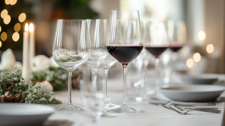 A set of crystal-clear wine glasses with elegant stems, filled with red wine, placed on a refined dining table with soft lightingの素材