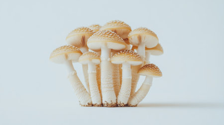 A small group of Shimeji mushrooms slightly leaning on each other against a white background, creating a sense of organic connection and harmony.の素材