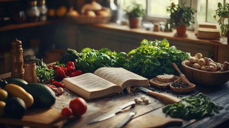 A table set for a cooking session, with various fresh ingredients, utensils, and a recipe book ready for preparing a delicious meal.の素材