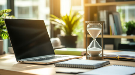 A sand timer placed on a modern office desk with a laptop and notebooks, symbolizing time management and productivity.の素材