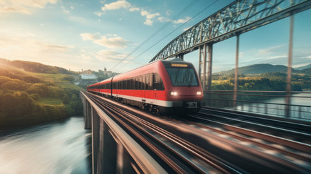 A shot of an electric train in motion, crossing a modern bridge with a river or landscape in the background, emphasizing its speed and efficiency.の素材