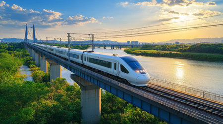 A shot of an electric train in motion, crossing a modern bridge with a river or landscape in the background, emphasizing its speed and efficiency.の素材