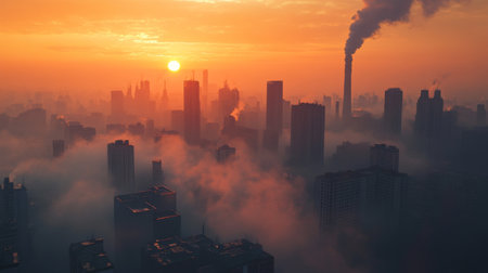 A smog-filled city skyline with thick air pollution and haze, showing the consequences of global warming and industrial emissions.の素材