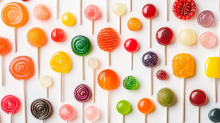 A vibrant array of colorful lollipops arranged in a whimsical pattern on a white background, showcasing a variety of shapes and flavorsの素材