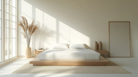 A serene bedroom with a low-profile bed, white walls, and minimal decor, emphasizing the uncluttered and spacious feel of minimalist livingの素材