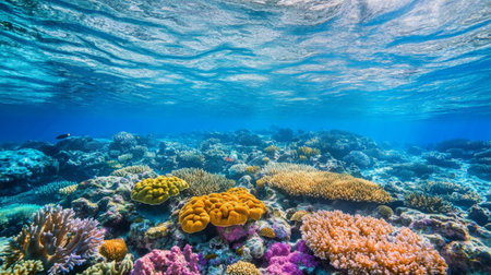 A vibrant coral reef underwater, showcasing a colorful array of corals and marine life against the clear, blue ocean waterの素材