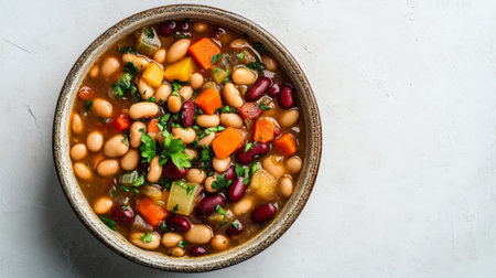 A vibrant dish of homemade bean stew with a variety of beans, vegetables, and herbs, served in a rustic bowl against a clean, white background.の素材
