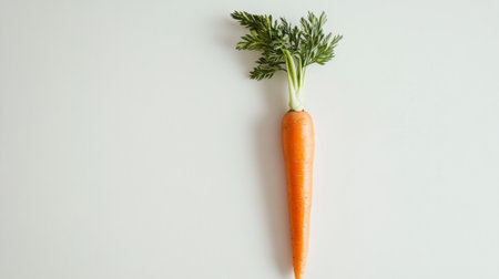 A single carrot with its green leaves intact, placed on a clean white surface, emphasizing the bright orange color and natural shape.の素材