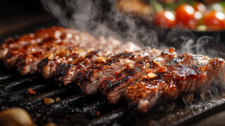 A rack of grilled pork ribs being sliced into individual pieces, with steam rising, highlighting the tenderness and juiciness of the meat.の素材