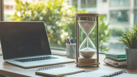 A sand timer placed on a modern office desk with a laptop and notebooks, symbolizing time management and productivity.の素材