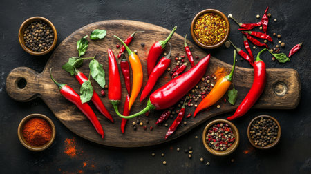 A vibrant assortment of fresh chili peppers arranged on a wooden cutting board, alongside a selection of spices and seasonings in small bowls.の素材